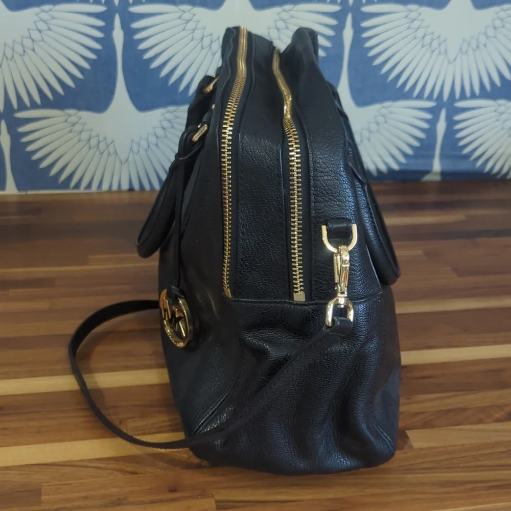 Michael Kors black and gold leather two zipper compartment satchel large…